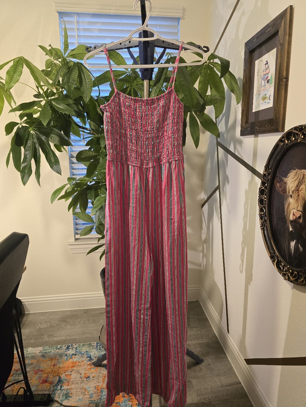 Copper Key Pink Striped Smocked Wide Leg Jumpsuit Size L